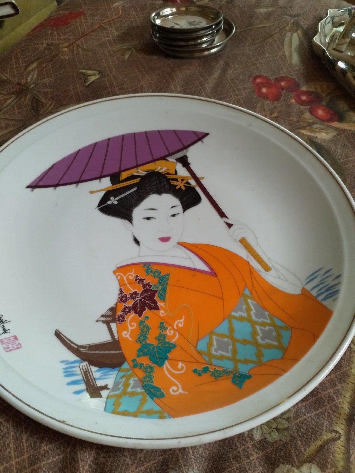 Groot Japans Porseleinen Sierbord met Geisha - 31cm, Ophalen of Verzenden