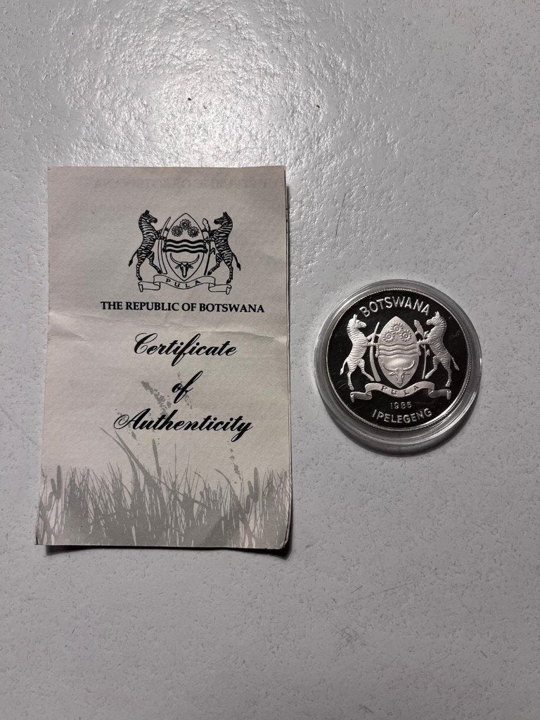 Zilveren Munt Botswana 2 Pula 1986 – WWF (incl. Certificaat), Postzegels en Munten, Ophalen of Verzenden, Overige landen, Losse munt