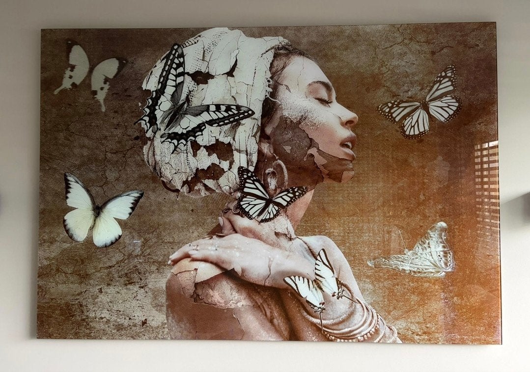 Modern glas schilderij vrouw met vlinders, Ophalen, Figuren, Met textuur, Print