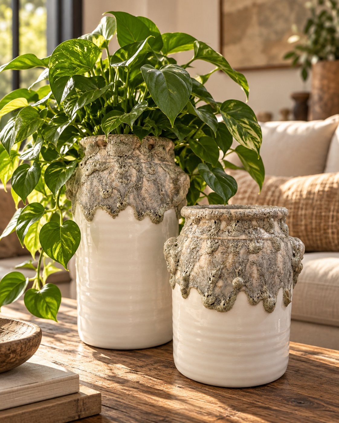 SALE!!! Set PTMD potten, bloempotten crème vazen 2x pot VdlM, Met patroon/structuur, Beige, 34 cm, Nieuw