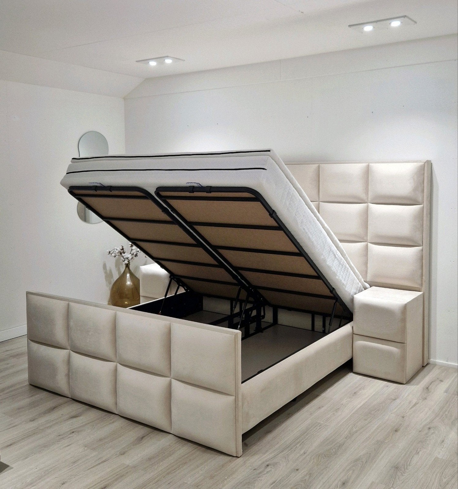 Opbergbed 180x200 100% Complete Set Met Nachtkastjes, Beige, Ophalen of Verzenden, Opbergbed, 180 cm