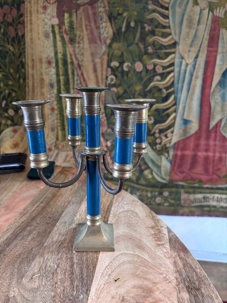 Vintage 5-armige kandelaar blauw & messing, Ophalen of Verzenden, Blauw, Metaal, Kandelaar