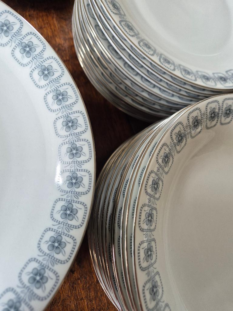 12 pers. Blauwgrijs decor zilveren rand, uitgebreid servies, Huis en Inrichting, Keuken | Servies, Ophalen, Zo goed als nieuw