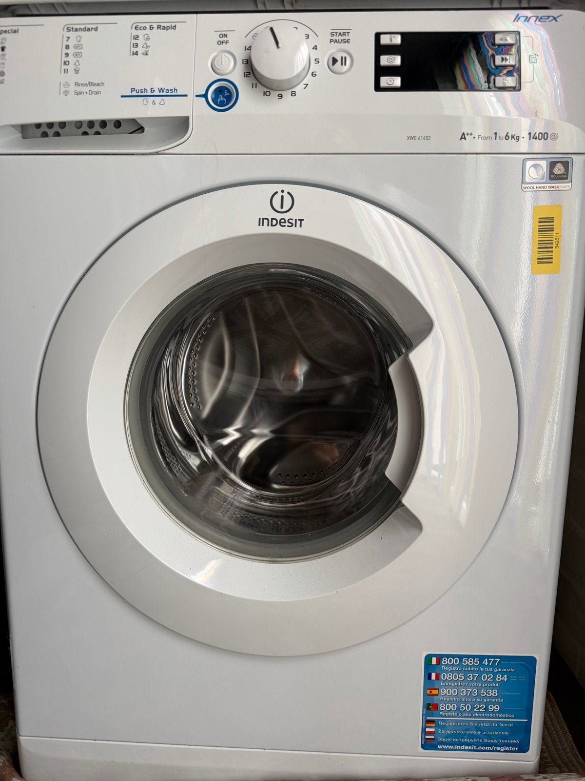 Indesit Wasmachine XWE 61452 - Zo goed als nieuw, Witgoed en Apparatuur, Wasmachines, Ophalen, Zo goed als nieuw, Voorlader, Wolwasprogramma