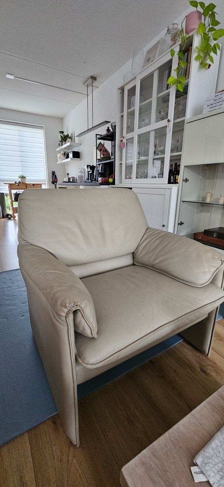 Leolux Bora Bèta fauteuil en tweepersoonsbank beige leer, Ophalen, Gebruikt, Design, 150 tot 200 cm
