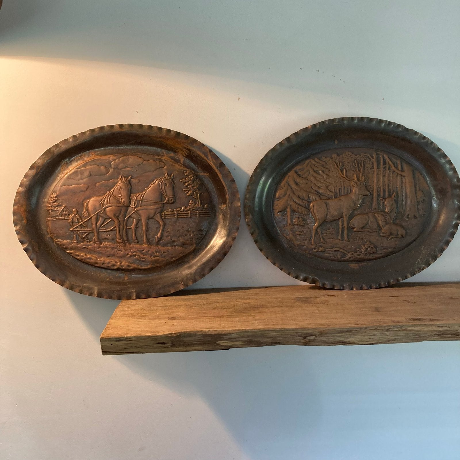 Set van 2 vintage koperen muurborden: Paarden & Herten, Ophalen of Verzenden
