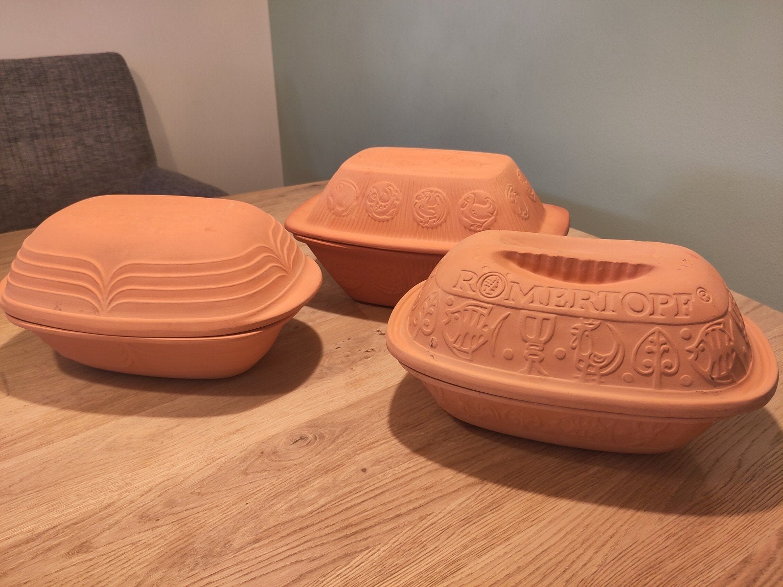 Set van 3 Römertopf ovenschalen voor brood bakken deksels, Ophalen, Gebruikt, Met deksel, Overige typen