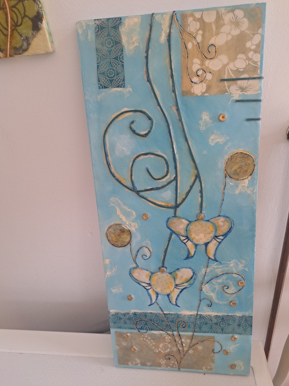 Uniek handgemaakt kunstwerk: Blauwe abstracte bloemen, Antiek en Kunst, Kunst | Schilderijen | Klassiek, Ophalen of Verzenden