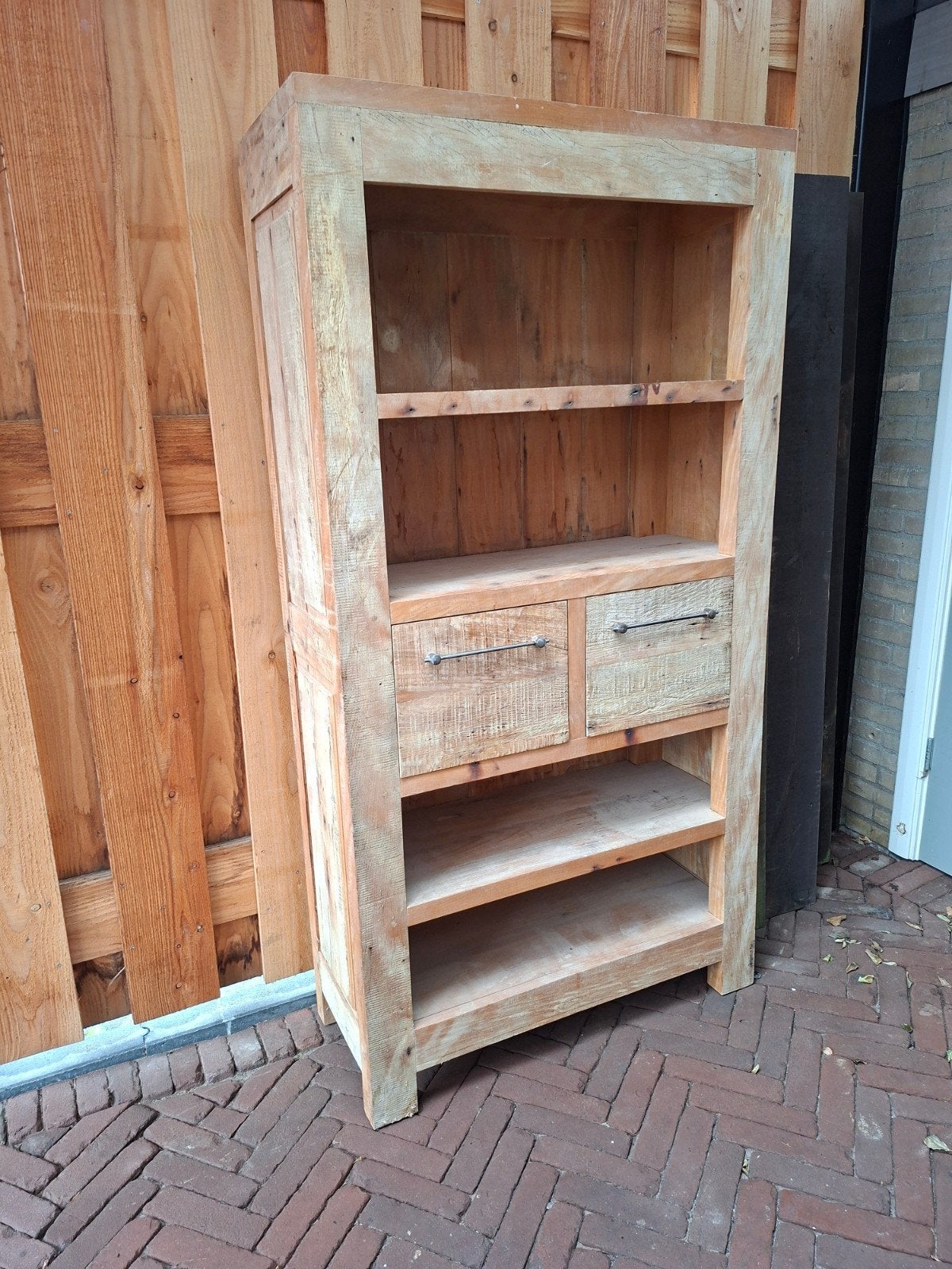 Onbehandelde houten kast met lades en planken, Gebruikt, Met lade(s), 150 tot 200 cm, 25 tot 50 cm