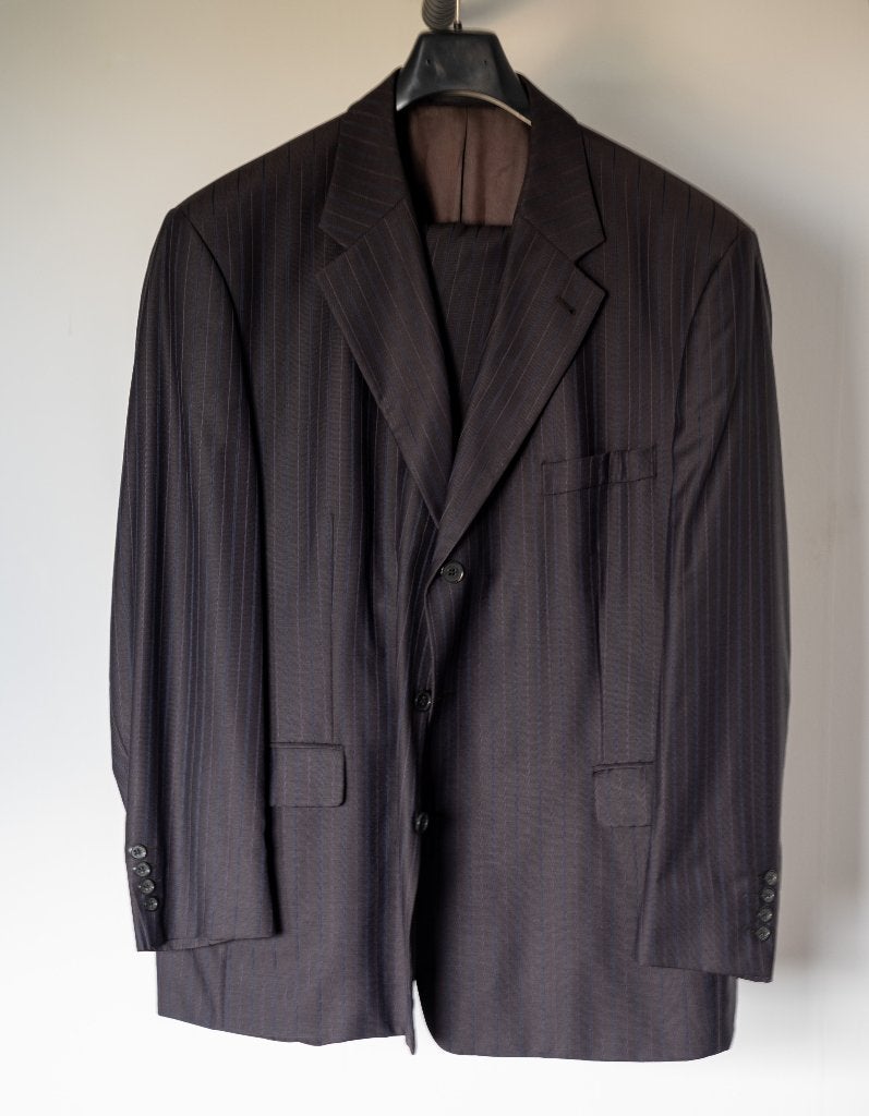 Heren Colbert & Pantalon bruin met grijze en blauwe strepen, Ophalen of Verzenden, Gedragen, Maat 56/58 (XL), Bruin