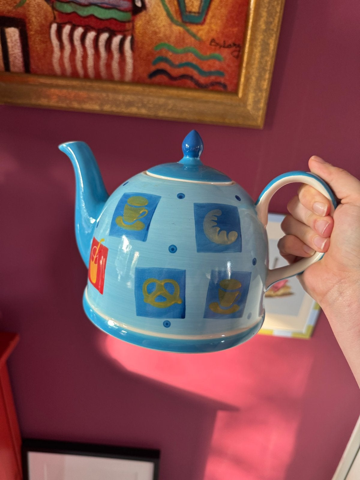 Leuke blauwe theepot met ontbijt illustraties, Theepot/fluitketel, Ophalen of Verzenden, Steen/keramiek, Overige merken