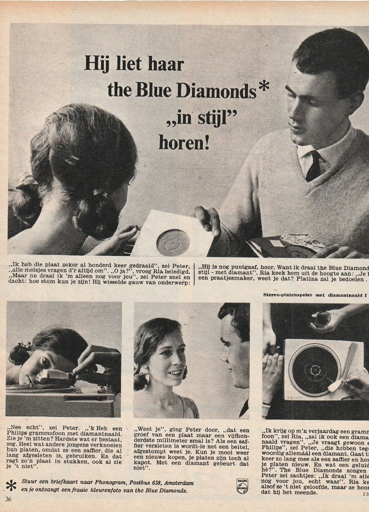 Retro reclame 1962 Philips platenspeler Blue Diamonds, Verzamelen, Verzenden, Overige typen