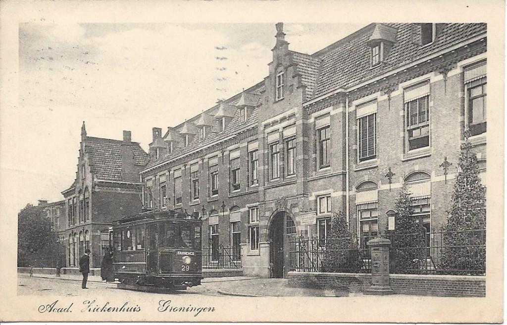 Groningen, Academisch Ziekenhuis, Tram, Volk, gelopen 1916, Ophalen of Verzenden, Voor 1920, Gelopen, Groningen