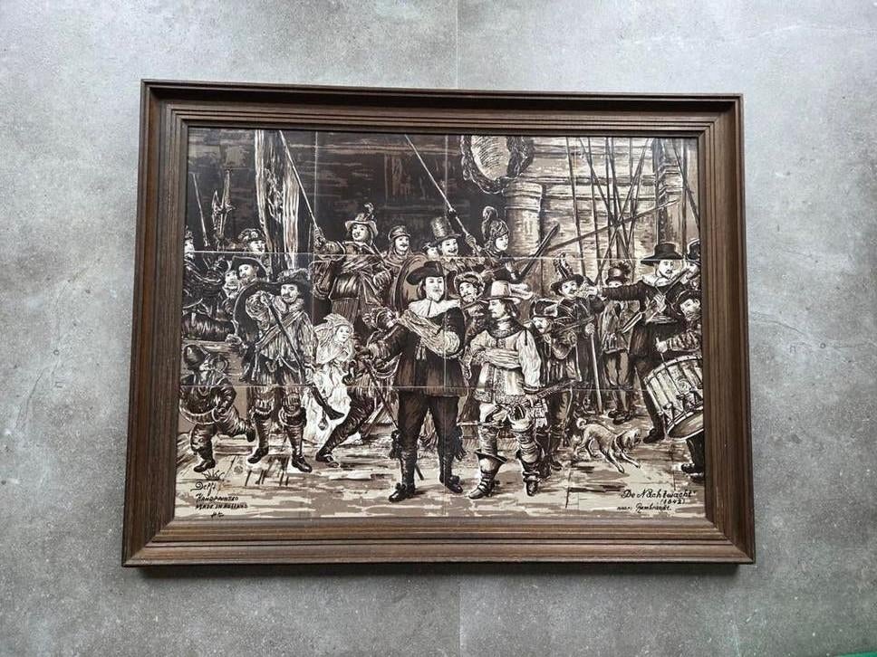 Tegeltableau De Nachtwacht, handgeschilderd, Antiek en Kunst, Antiek | Wandborden en Tegels, Ophalen of Verzenden