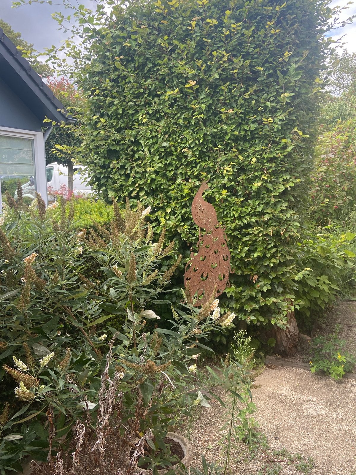 Roestkleurig metalen pauw tuinbeeld, Ophalen, Gebruikt, Metaal, Dierenbeeld