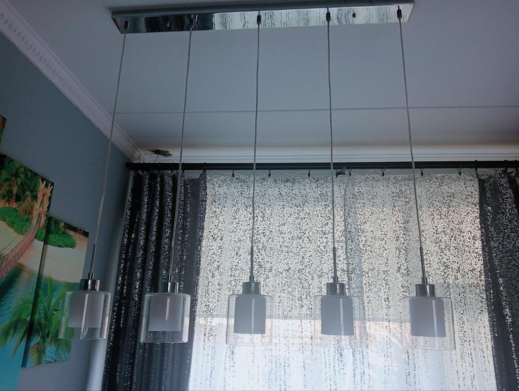 Hanglamp Dion transparant met 5 glazen kappen, Ophalen, Gebruikt, Glas, Modern, Scandinavisch
