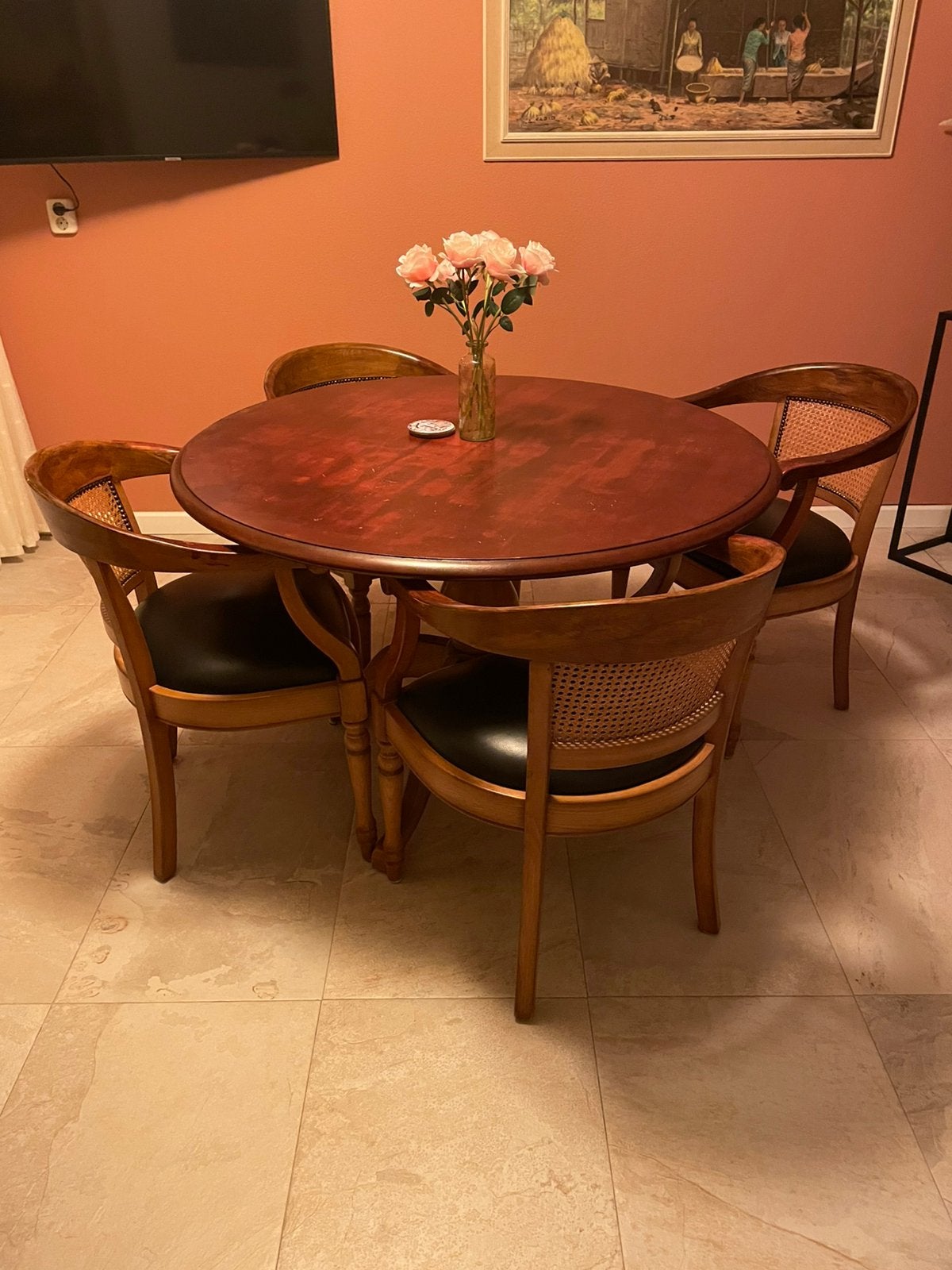 Mooie en sfeervolle eettafel met 4 stoelen met leuning, Ophalen, Gebruikt, Jaren 30, 4 tot 6 stoelen