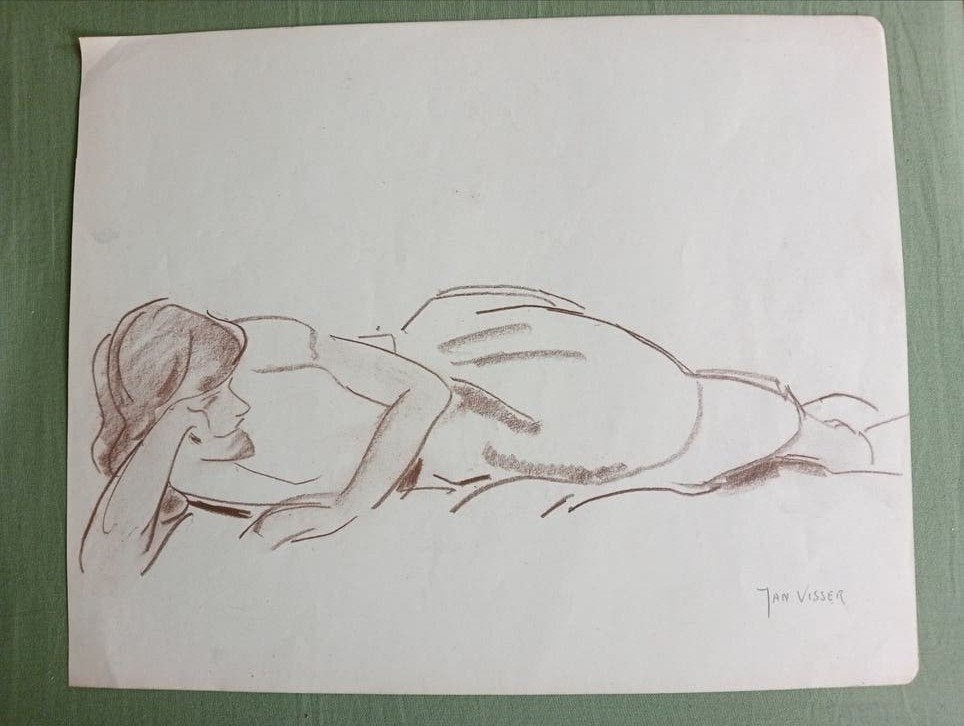 Jan Visser liggende vrouw jaren 40-50, Antiek en Kunst, Kunst | Tekeningen en Foto's, Ophalen of Verzenden