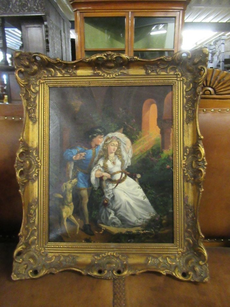 Oer 11300 antiek schilderij "Verliefd stel met hond", Ophalen