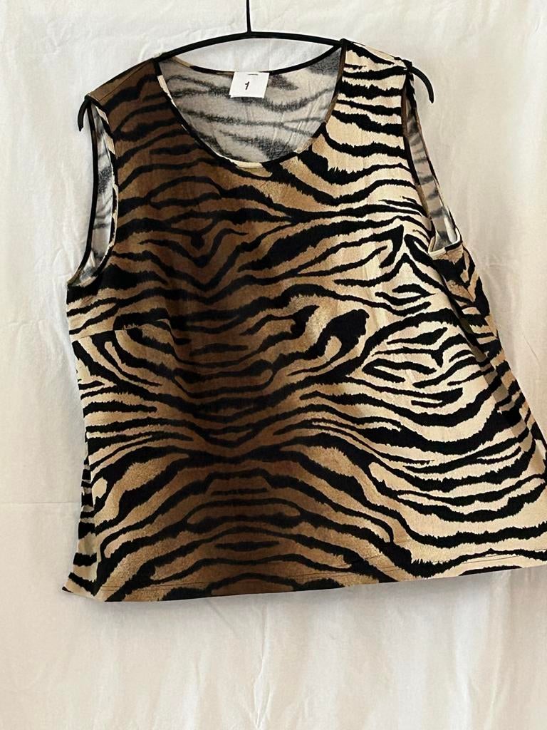 Goldener Schnitt Mouwloos topje met tijgerprint, maat 52, Ophalen of Verzenden, Gedragen, Bruin, Shirt of Top