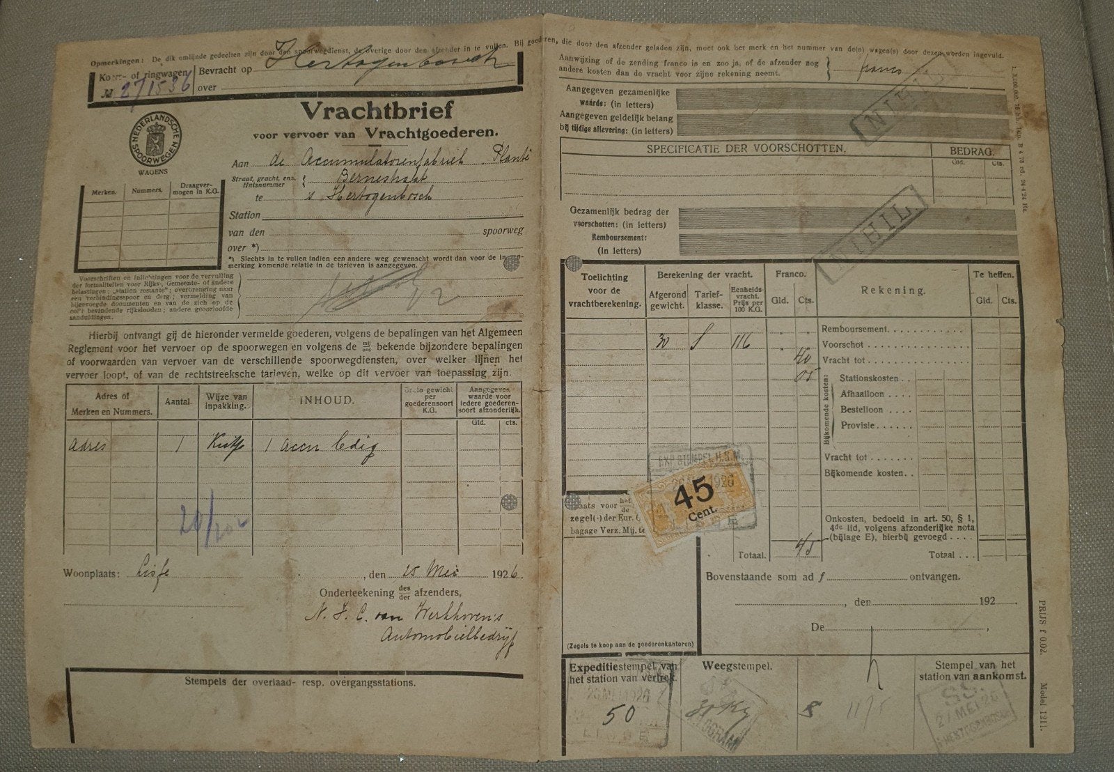 Nederlandsche Spoorwegen Historische Vrachtbrief 1926 - Unie, Verzamelen, Ophalen of Verzenden, Gebruikt, Trein