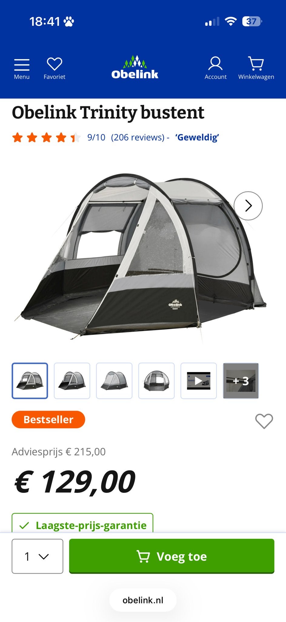 Obelink Trinity bustent - Bestseller, Caravans en Kamperen, Ophalen, Zo goed als nieuw, Tot en met 2
