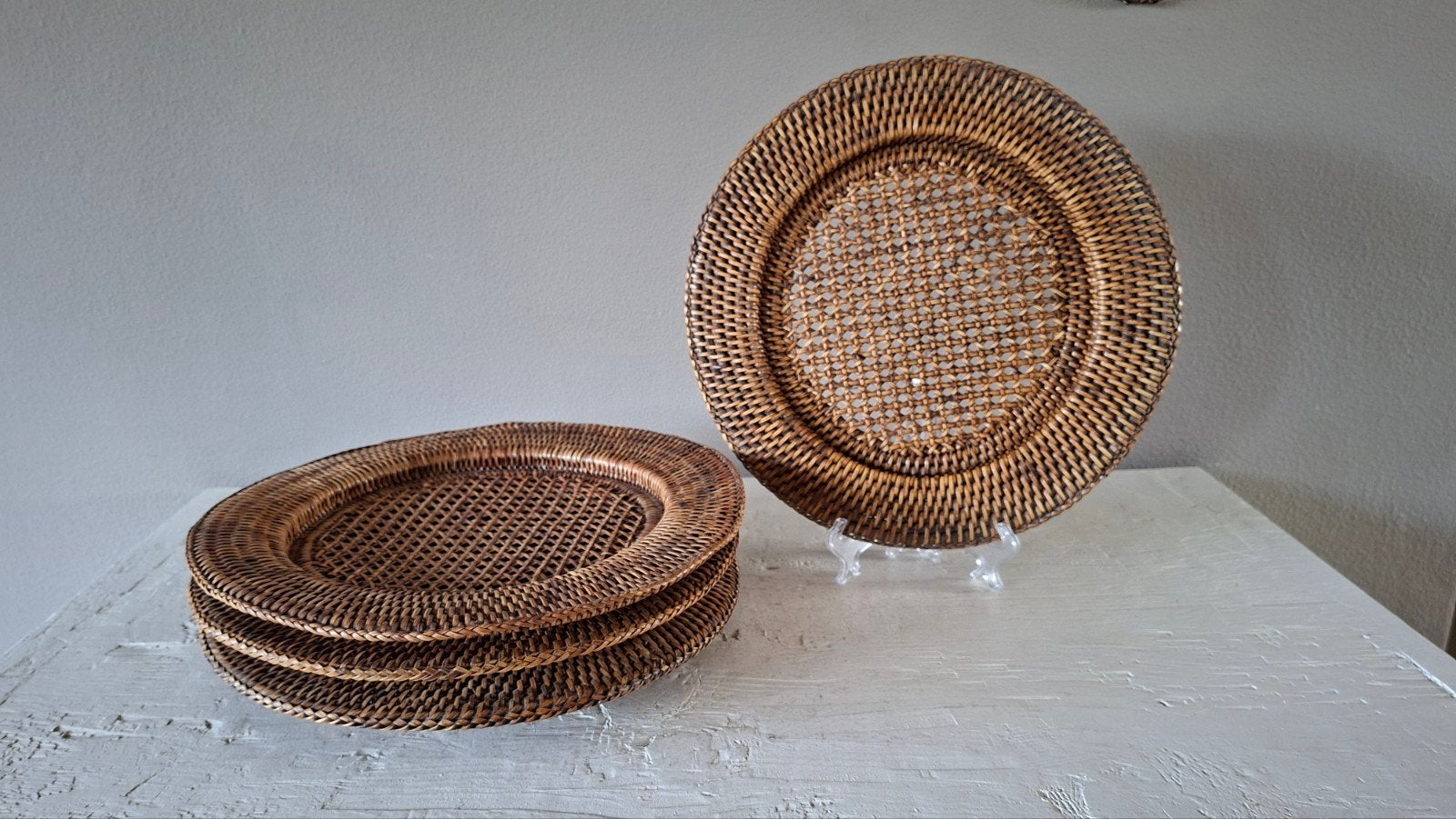 Set van 4 Vintage Rotan Onderborden / Placemats (Ø 32 cm), Schaal, Rond, Ophalen of Verzenden, Riet