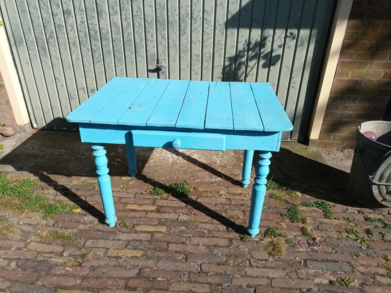 brocante  houten blauwe tafel, Ophalen, Gebruikt, 50 tot 100 cm, 50 tot 100 cm
