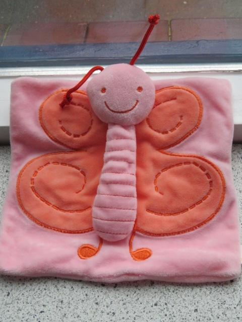 Knuffeldoek Vlinder merk Difrax roze oranje velours, Ophalen of Verzenden, Zo goed als nieuw, Overige typen, Wasbaar
