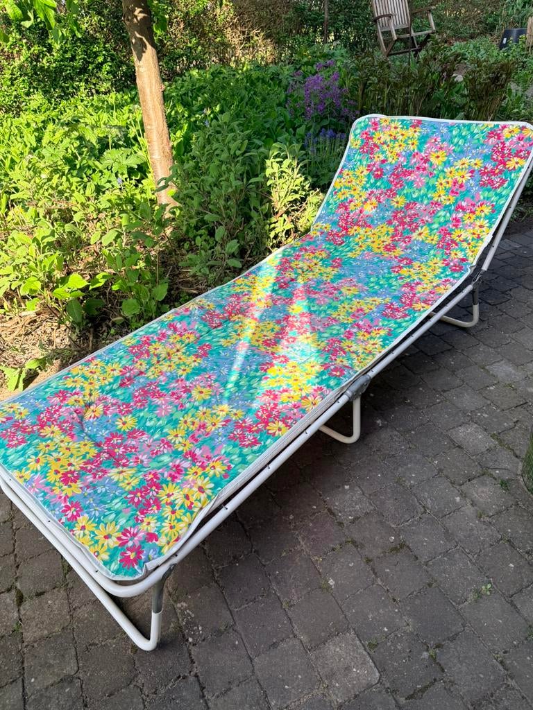 Vintage stretcher ligbed zonnebed, Ophalen, Gebruikt, Metaal, Inklapbaar