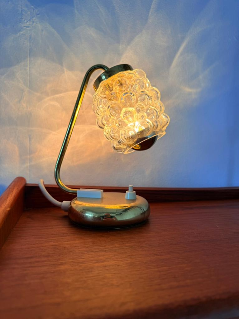 Vintage bubble glass tafellamp ‘70, Vintage retro buisframe design rotan webbing papercord deens, Ophalen of Verzenden, Zo goed als nieuw