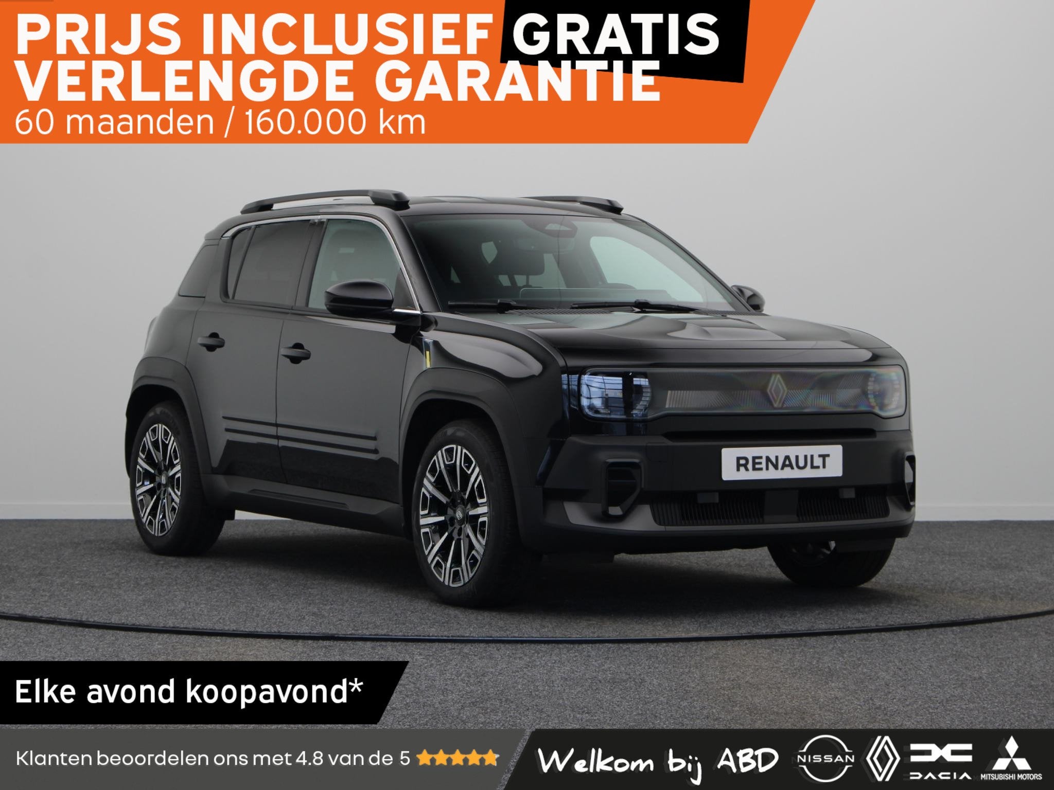 Renault 4 comfort range iconic 52 kWh | Vijf jaar garantie |, 750 kg, 150 pk, Leder en Stof, Zwart
