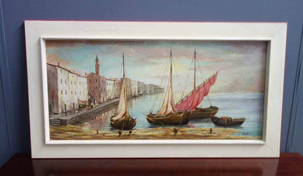 60 jaren origineel ophout geschilderd schilderij boten water, Ophalen, Gebruikt, 100 tot 125 cm, Schilderij