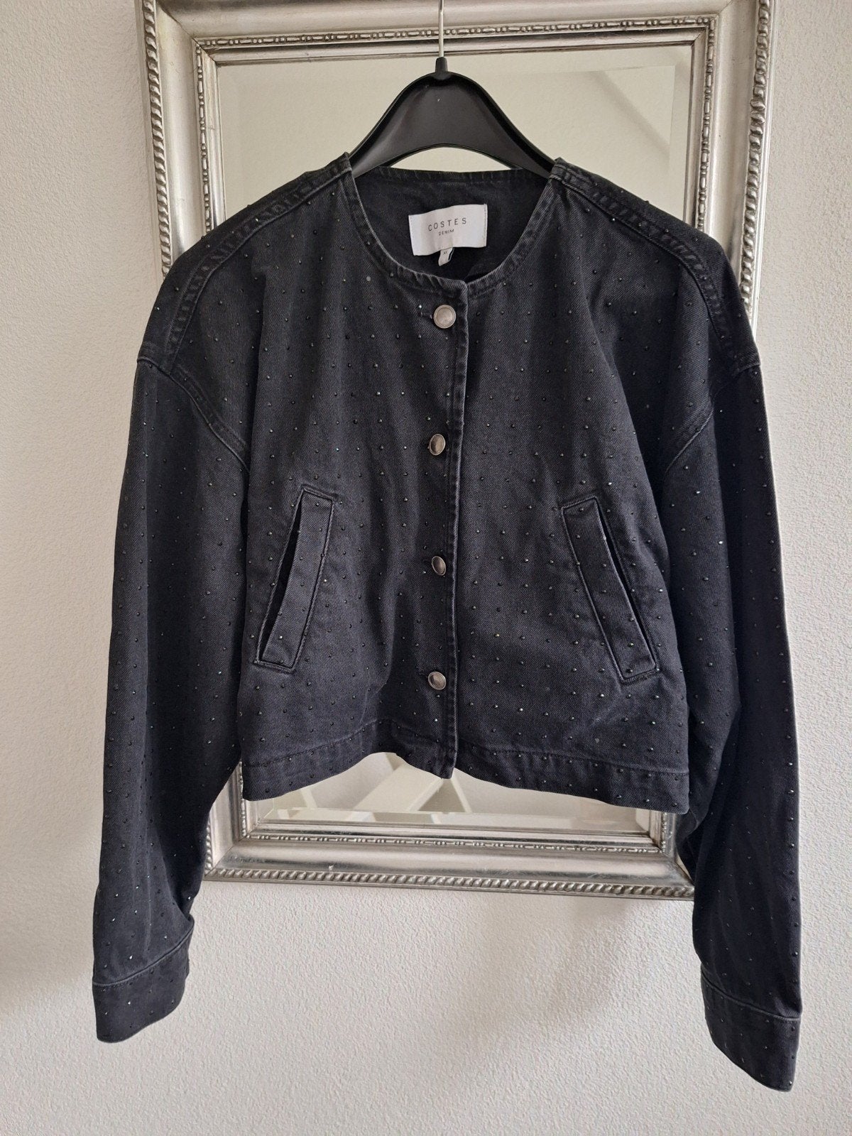 Zwart jeans jasje - Strass Cropped - Costes - maat XL, Zwart, Ophalen of Verzenden, Zo goed als nieuw, Jasje
