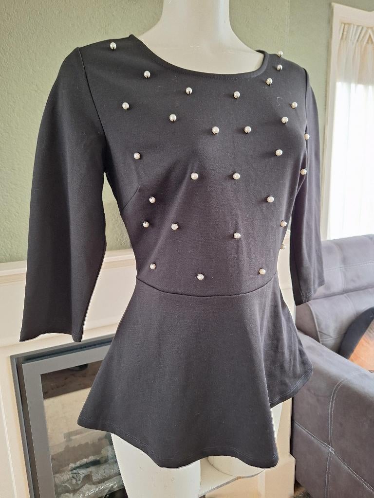 Mint & Berry peplum parel zwarte top M 38, Kleding | Dames, Maat 38/40 (M), Ophalen of Verzenden, Zo goed als nieuw, Lange mouw