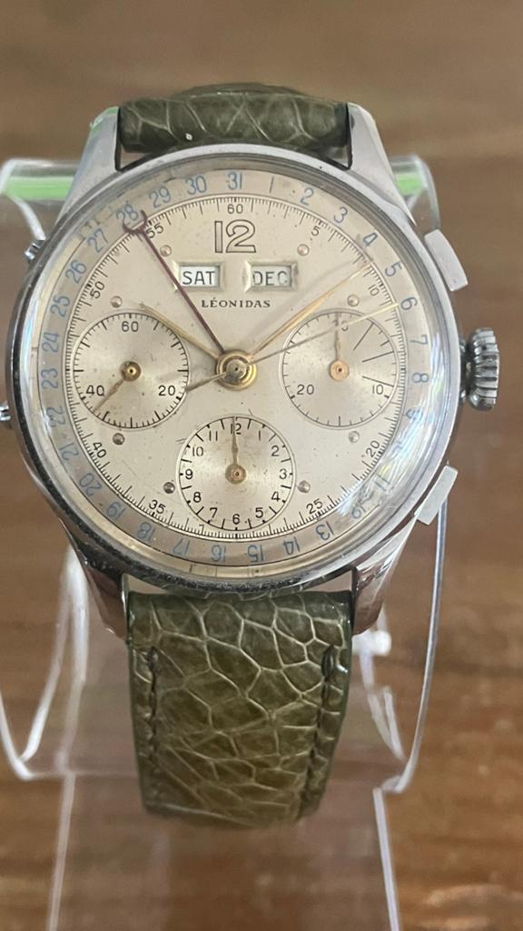Leonidas Chronograaf Triple Calendar Valjoux 72 Jaren '50, Overige merken, Staal, Met bandje, Polshorloge