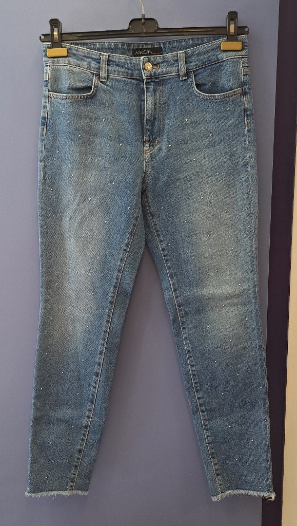 MarcCain jeans met zilveren studs voorop N4 (38/40) nr 51103, Blauw, ., Marccain, Ophalen of Verzenden