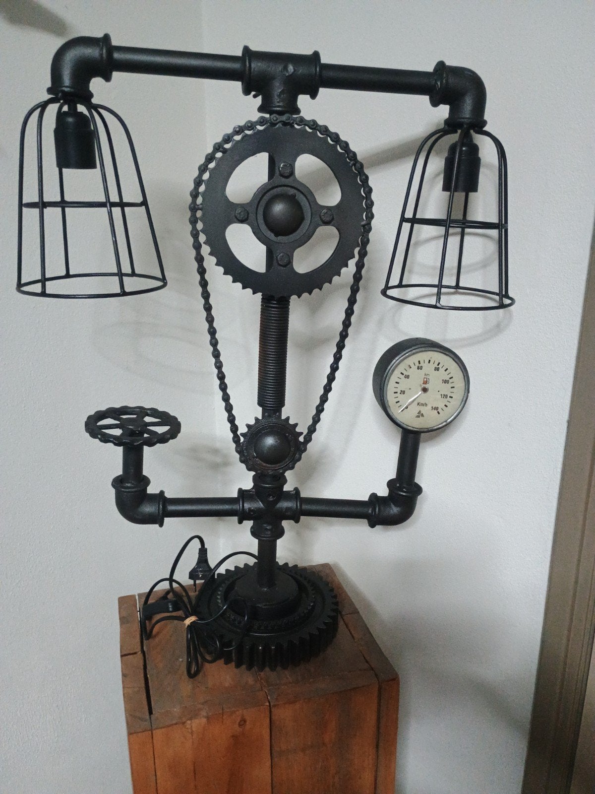 Unieke Industriële Steampunk Tafellamp met Tandwielen, Ophalen, Zo goed als nieuw, Industrieel, Steampunk, Vintage