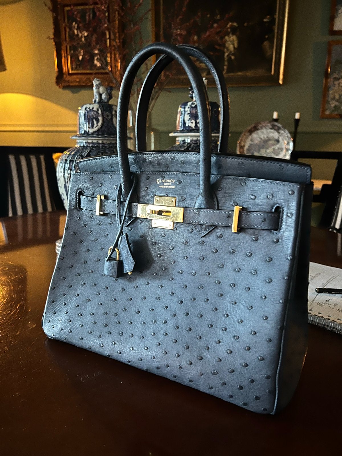 Luxe blauwe Birkin handtas van struisvogelleer, Ophalen, Zo goed als nieuw, Grijs, Handtas