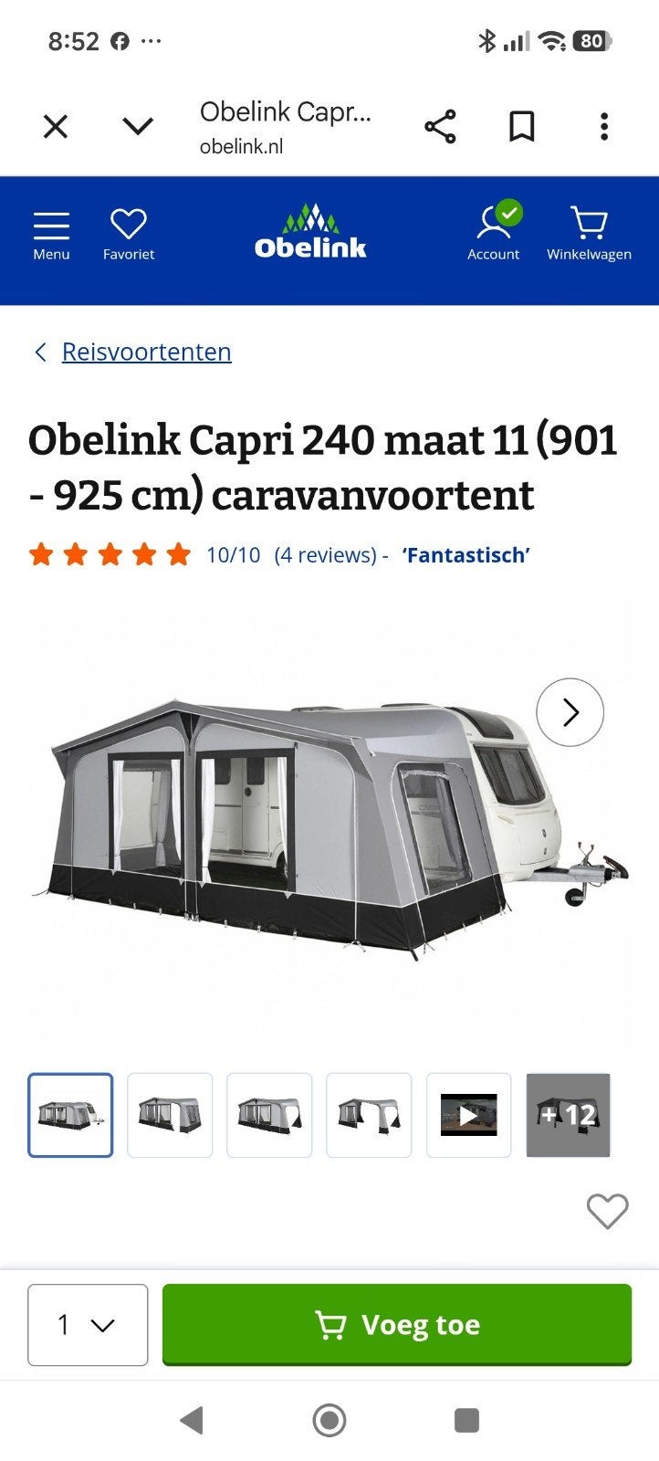 Obelink Capri 240 maat 11 voortent (901-925 cm), Ophalen, Zo goed als nieuw, Polyester, Overige merken