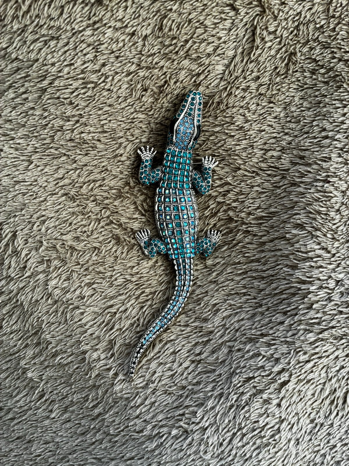 Krokodil Broche met Turkoois en Zilverkleurige Strass, Ophalen, Overige materialen, Nieuw, Zilver