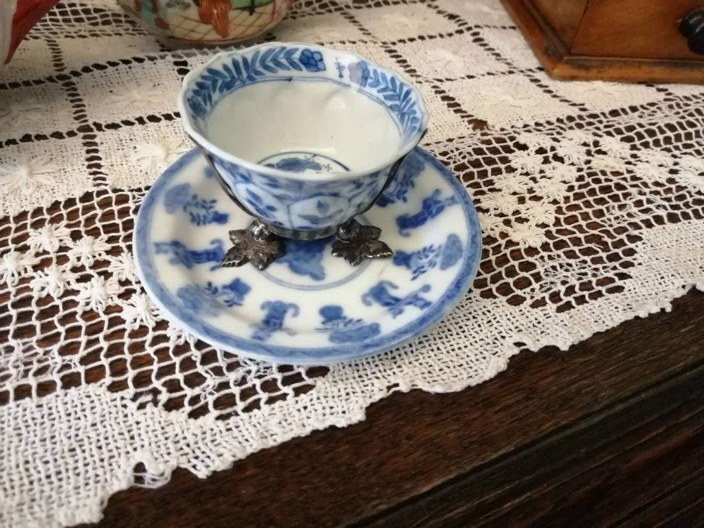 Antiek Chinees Porseleinen Kop en Schotel - Blauw/Wit, Ophalen of Verzenden