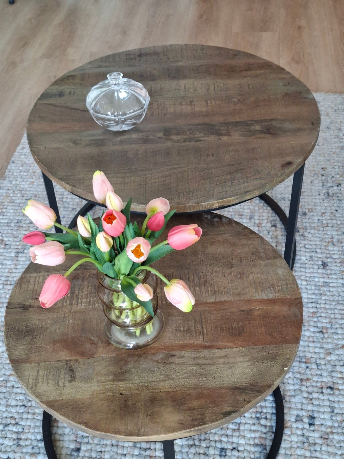 Set van 2 ronde salontafels, mangohout en metaal, Huis en Inrichting, Tafels | Salontafels, Minder dan 50 cm, 50 tot 100 cm, 50 tot 100 cm