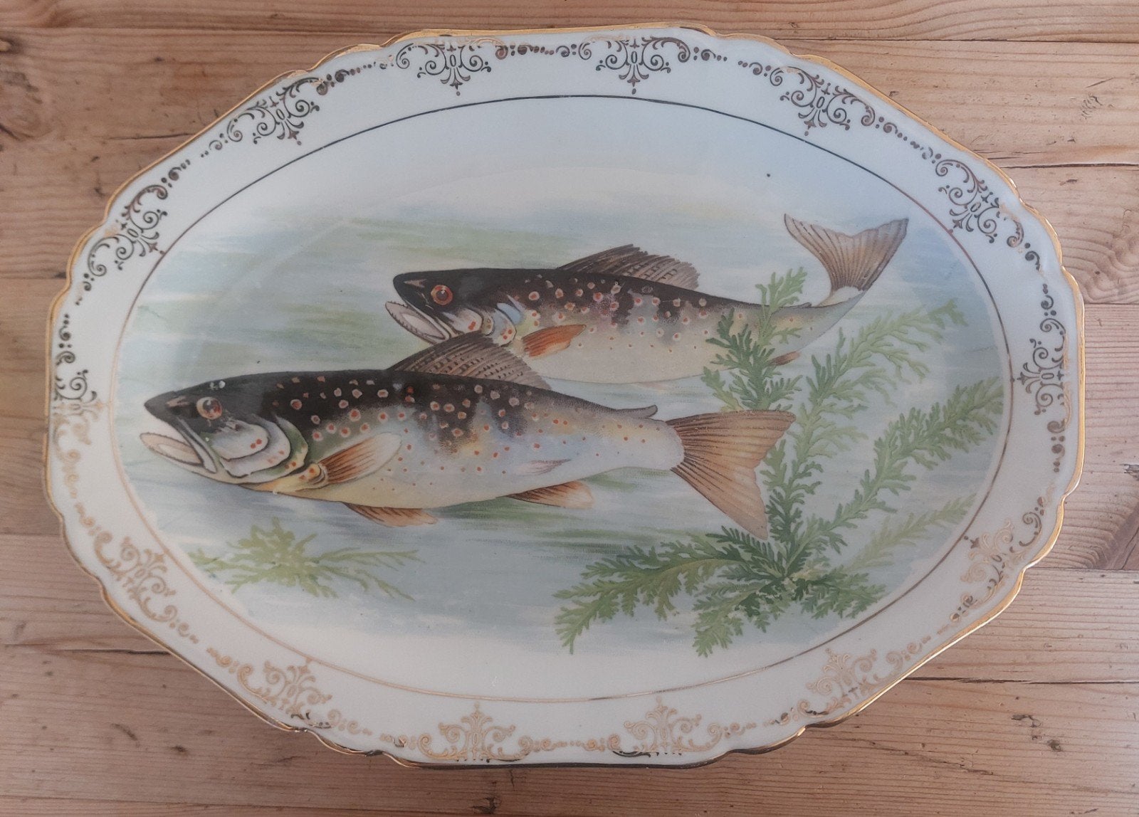 Antiek Porseleinen Visservies - 12 Borden & 2 Schalen, Antiek en Kunst, Ophalen