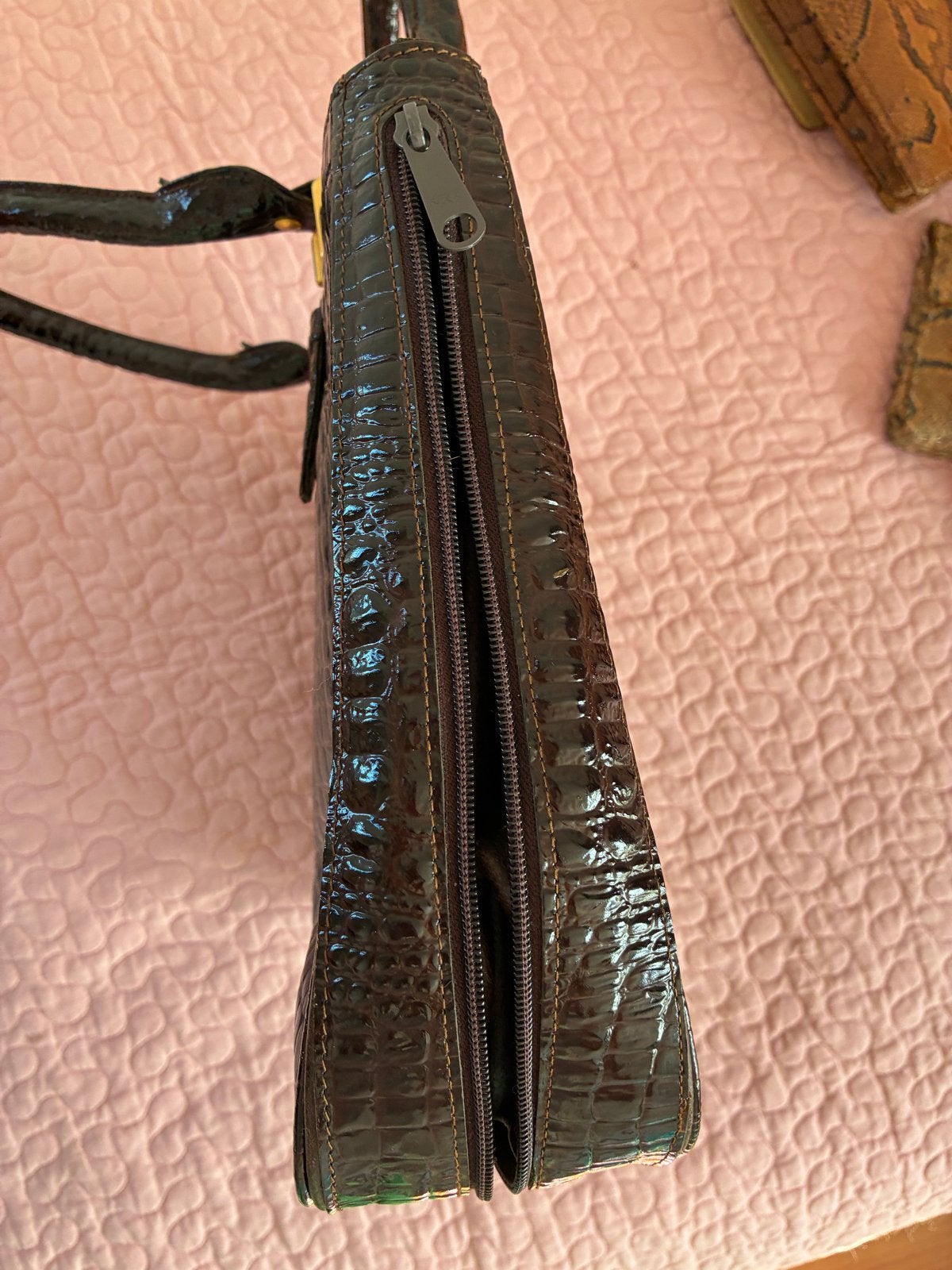 Vintage Handtas Krokodillenleer Look - Bruin, Sieraden, Tassen en Uiterlijk, Tassen | Damestassen, Ophalen, Gebruikt, Bruin, Handtas