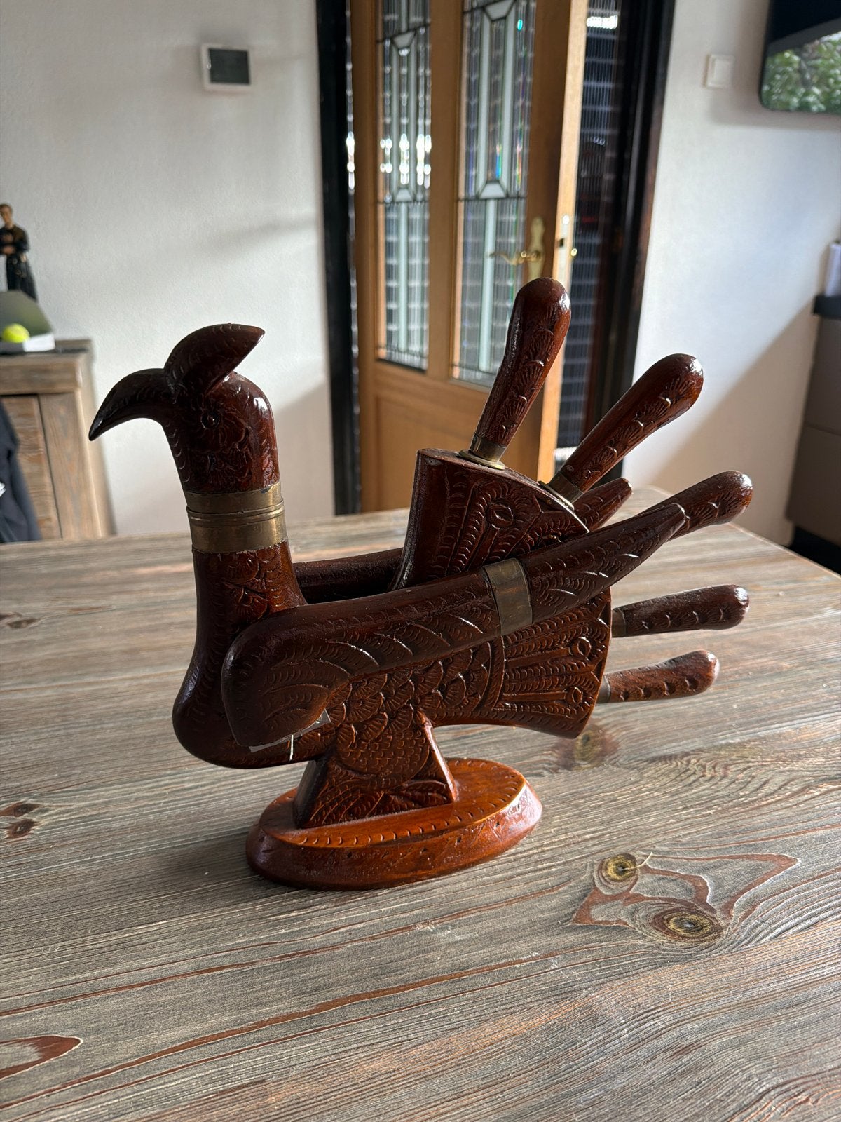 Vintage Houten Vleesvorken en Messen Set in Eend Houder, Ophalen of Verzenden