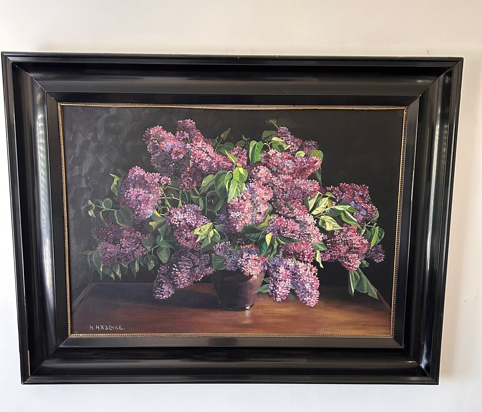 Groot gesigneerd schilderij “vaas met seringen”, Ophalen