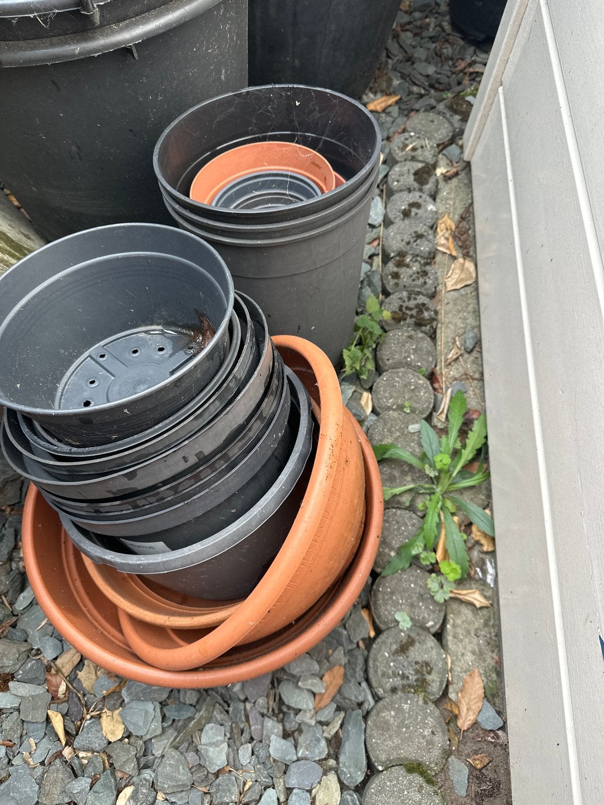 Diverse kunststof bloempotten en schotels, Kunststof, Gebruikt, Rond, Minder dan 40 cm