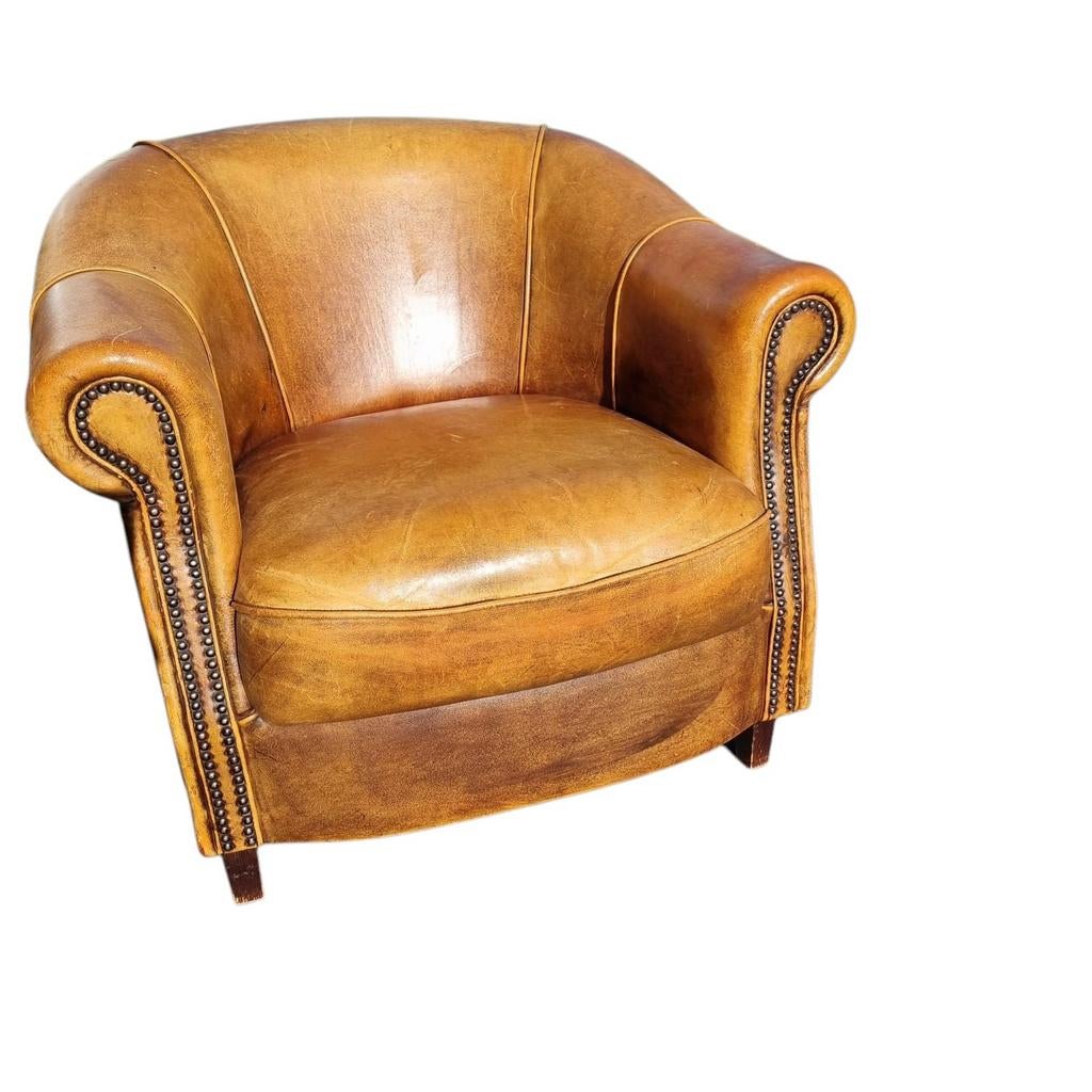 Joris schapenleren fauteuil naturel bruin + BEZORGING, Huis en Inrichting, Fauteuils, Gebruikt, ., Chesterfield, Ophalen of Verzenden