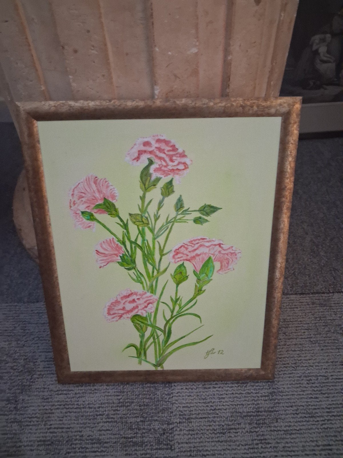 Schilderij met roze bloemen in lijst, Bloemen, Doek, Realistisch, Ophalen of Verzenden